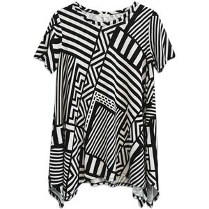 Oddi Tunic Top Womens Large Black White Geometric Abstract Short Sleeve Artsy
